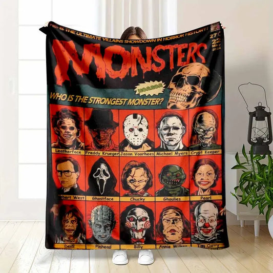 Retro Horror Monsters Flannel Blanket, Soft Lightweight