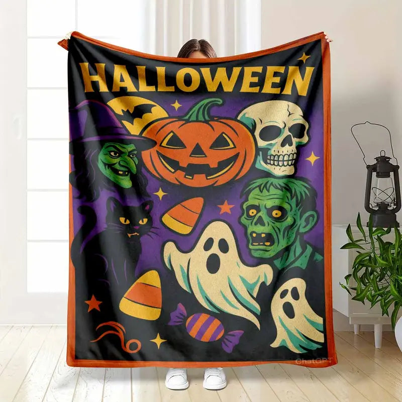 Halloween Aesthetic Flannel Fleece Throw Blanket - Vibrant Pumpkin-Witch-Skull Pattern, Ultra Soft & Warm for Autumn Home Decor
