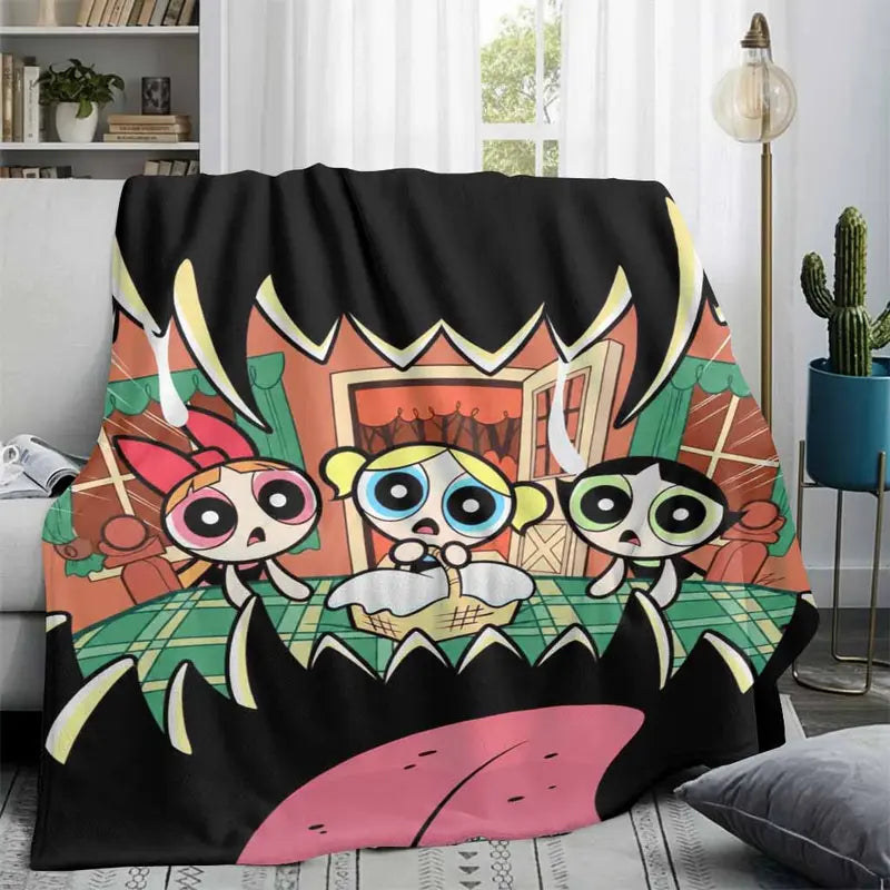 Cartoon Trio Flannel Blanket - Cute Big Eye Heroine Print, Wrinkle-Resistant, Soft Lightweight Indoor/Outdoor Throw, 60x80 Inch - image 2