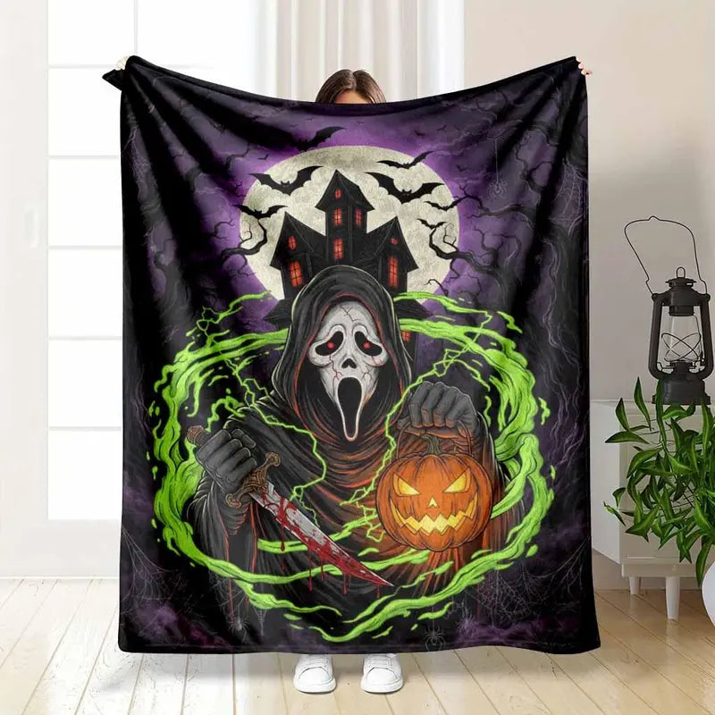 Gothic Halloween Flannel Fabric Blanket Throw, Ghost & Pumpkin