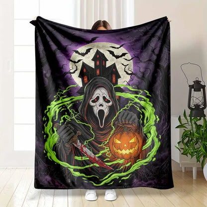 Gothic Halloween Flannel Fabric Blanket Throw, Ghost & Pumpkin