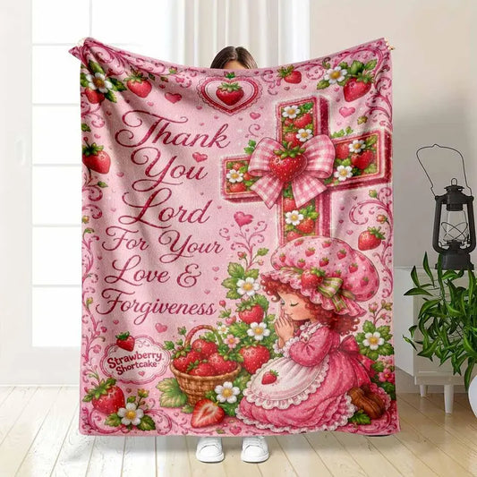Strawberry Shortcake Flannel Blanket, Pink Faith Cross