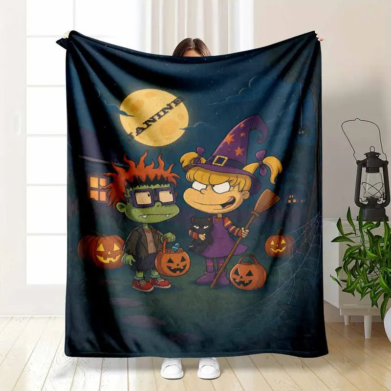 Halloween Flannel Throw Blanket, Moonlit Witch Print