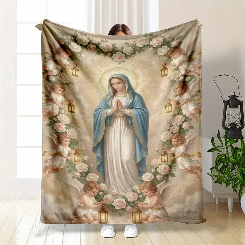 Sacred Angel & Floral Halo Flannel Blanket - Ultra Soft Religious Art Throw for Bedroom & Outdoor