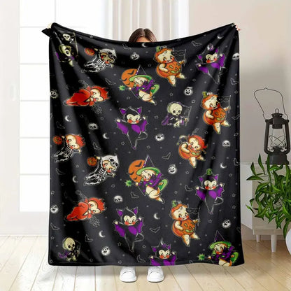 Vintage Halloween Flannel Blanket, Pumpkin Bat Witch Ghost Print