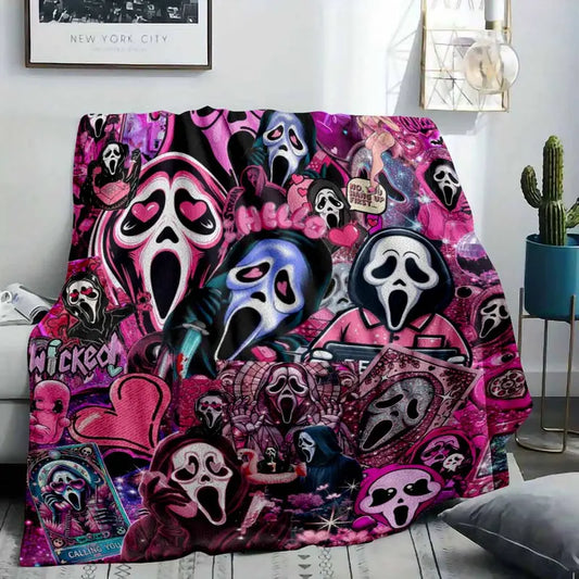 Horror Ghost Face Flannel Blanket Pink Throw, Ultra-Soft - image 2