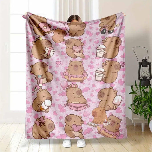 Cute Capybara Flannel Throw Blanket - Pastel Heart-Shaped for Cozy Bedroom Decor