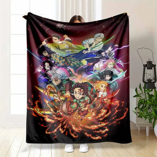 Anime Swordsman Teamwork Flannel Blanket - Japanese Fantasy Warrior Print, Ultra-Soft Lightweight Cozy Throw for Bed, Camping, Birthday Gifts