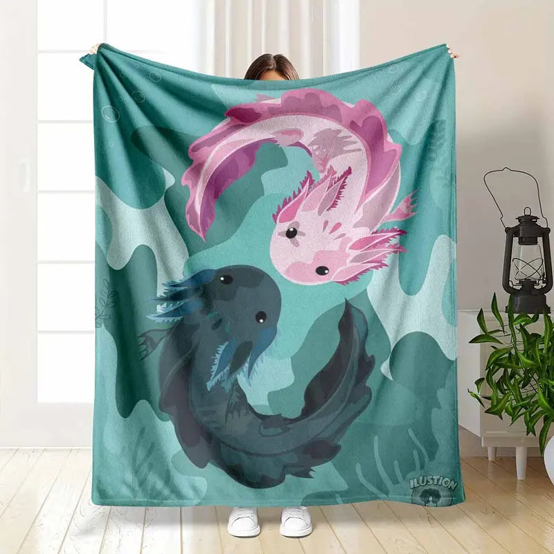 Axolotl Yin-Yang Flannel Blanket Soft Warm Cozy Plush Throw