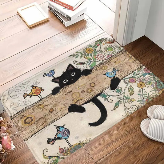 Vintage Black Cat Polyester Blend Rug with Floral-Bird Print for Soft Home Decor