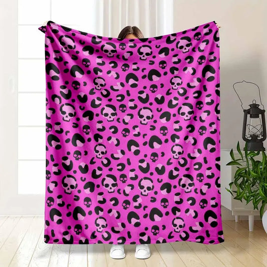 Punk Style Flannel Fabric Blanket, Hot Pink Leopard Skulls