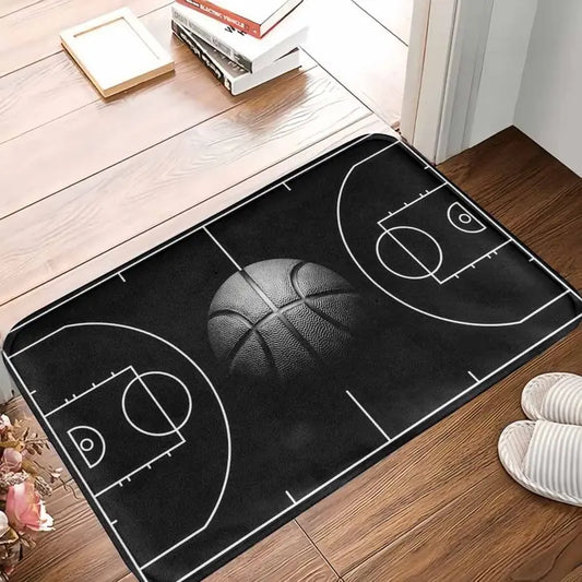 Basketball Court Print Floor Mat with Non-Slip Rubber Bottom in Black & White, Multiple Sizes