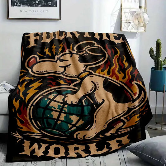 Rebellious Puppy Globe Flannel Blanket Creative Retro Graphic Print Ultra Soft Lightweight Breathable Cozy Warm Throw Suitable For Office Nap Camping Trips Living Room Sofa Bed Decor Gift Idea - image 2