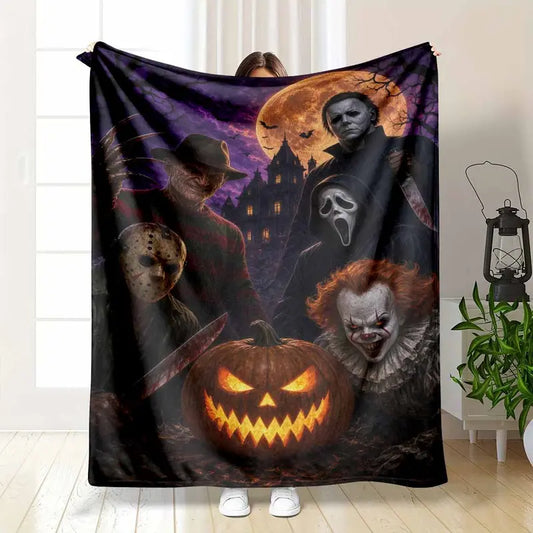Classic Horror Movie Character Flannel Blanket Dark Villain Icon Pattern Super Soft Warm Lightweight Breathable Cozy Throw For Bedroom Living Room Couch Halloween Holiday Bedding Decoration Gift