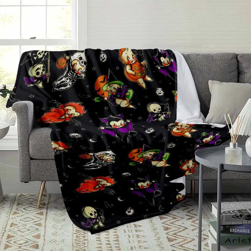 Vintage Halloween Flannel Blanket, Pumpkin Bat Witch Ghost Print - image 3