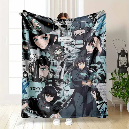 Anime Collage Flannel Blanket - Muichiro Tokito Print
