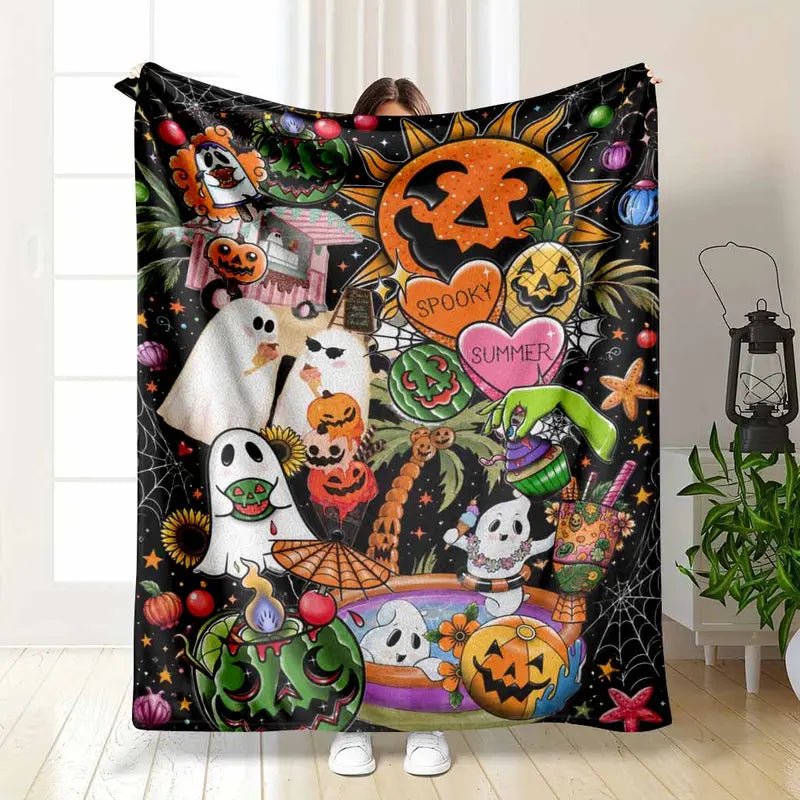 Halloween Flannel Blanket, Spooky Ghost Pumpkin