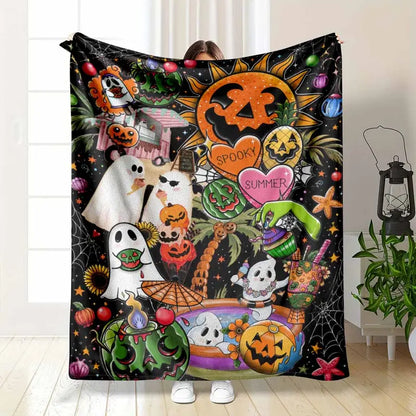 Halloween Flannel Blanket, Spooky Ghost Pumpkin