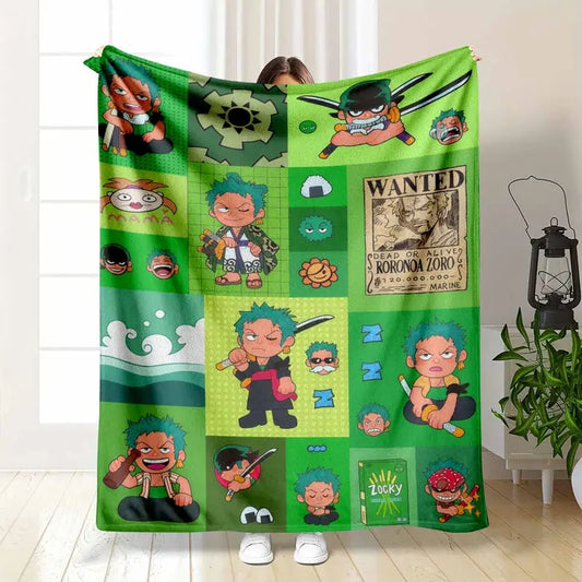 Green Warrior Anime Style Flannel Blanket Swordsman Cartoon Pattern Ultra Soft Cozy Lightweight Breathable Decorative Throw Perfect For Living Room Sofa Bed Camping Travel Birthday Gift