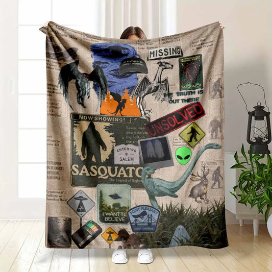 Cryptid Mystery Flannel Blanket - Sasquatch UFO Alien Print Throw
