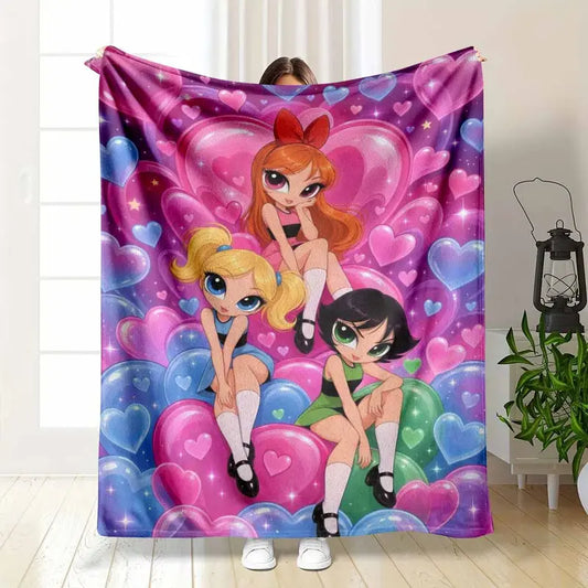 Super cute cartoon heroines flannel blanket featuring vibrant colorful heart pattern aesthetic soft plush lightweight warm texture perfect for bedroom living room couch sofa birthday gift travel camping decor