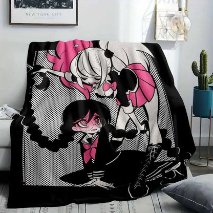 Anime Girl Duo Flannel Throw Blanket, Vibrant Pink/Black Grid - image 2