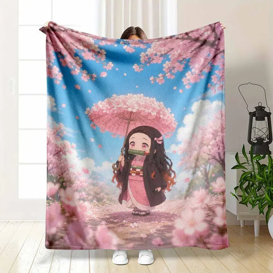 Cherry Blossom Anime Girl Flannel Blanket Spring Sakura Floral Print Ultra Soft Lightweight Breathable Cozy Throw Perfect For Sofa Bed Couch Living Room Office Nap Bedroom Travel Camping Home Decoration