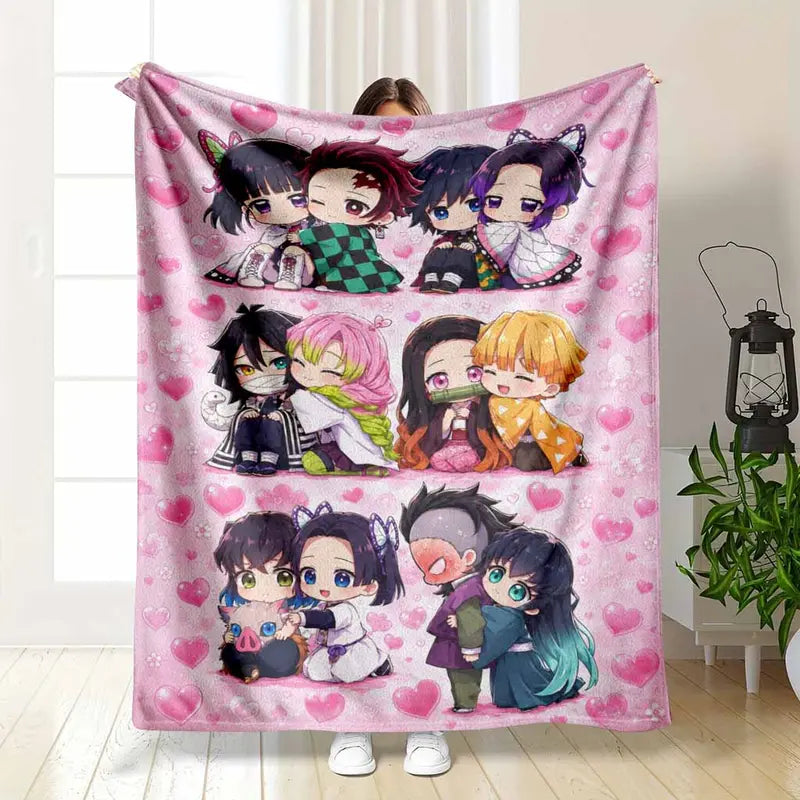Anime Flannel Throw Blanket Cute Heart Pattern, 50×60