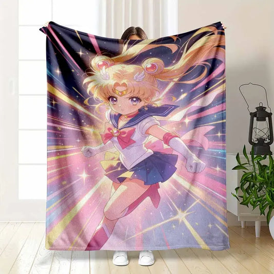 Celestial Warrior Flannel Blanket Anime Magical Heroine Pattern Ultra Soft Lightweight Warmth For Living Room Sofa Bedside Throw Camping Outings Aesthetic Room Decor Gifts