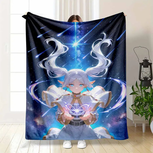 Anime Elf Girl Flannel Blanket Fantasy Starry Night Pattern Ultra Soft Cozy Throw