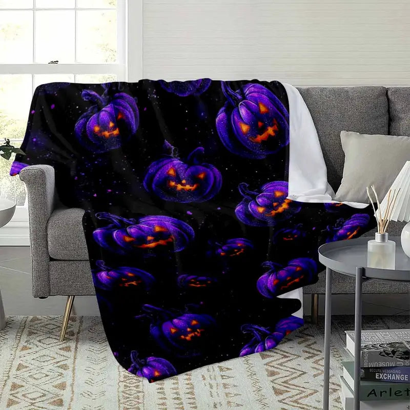 Purple Halloween Flannel Blanket - Galaxy Jack-O'-Lantern Pumpkin Print, Lightweight Cozy & Multi-Size - image 3
