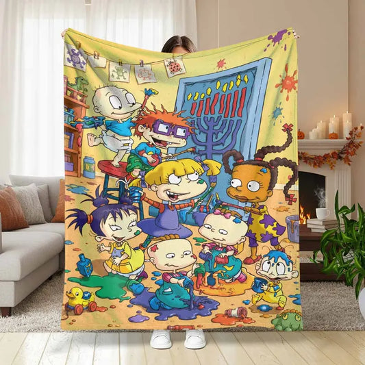 Retro Cartoon Kids Flannel Blanket Menorah Print Soft Cozy