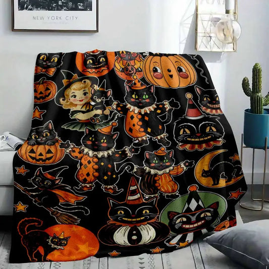 Vintage Halloween Flannel Throw Blanket, Black Cat - image 2