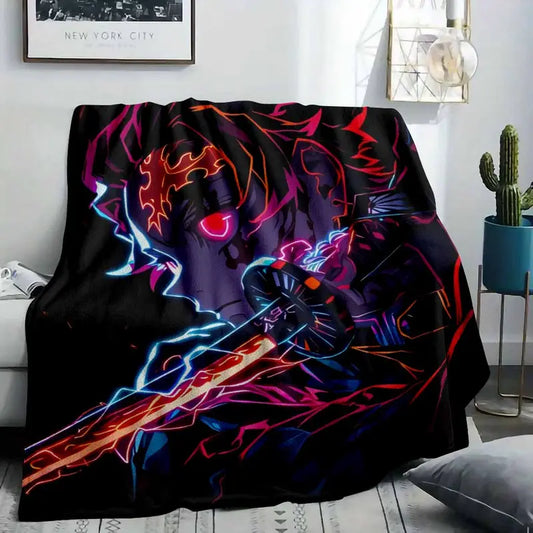 Anime Samurai Flannel Blanket - Neon Aesthetic, Soft - image 2