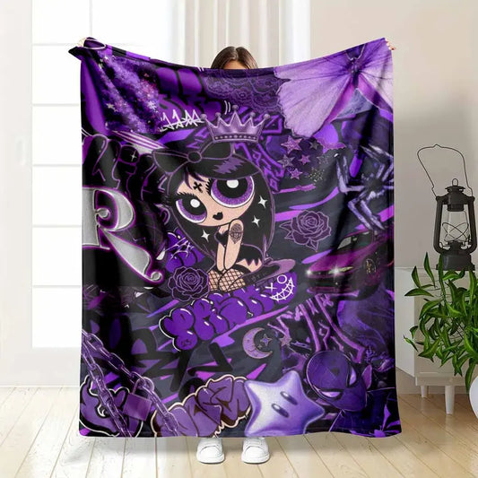 Purple Gothic Anime Girl Flannel Blanket Lightweight Soft Plush Throw