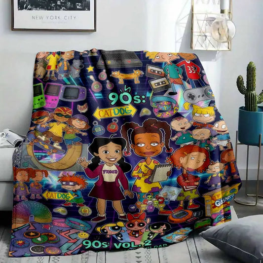 Retro 90s Cartoon Cartoon Collage Flannel Blanket - Soft Lightweight Flannel Throw