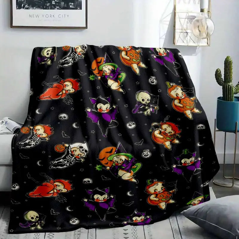 Vintage Halloween Flannel Blanket, Pumpkin Bat Witch Ghost Print - image 2