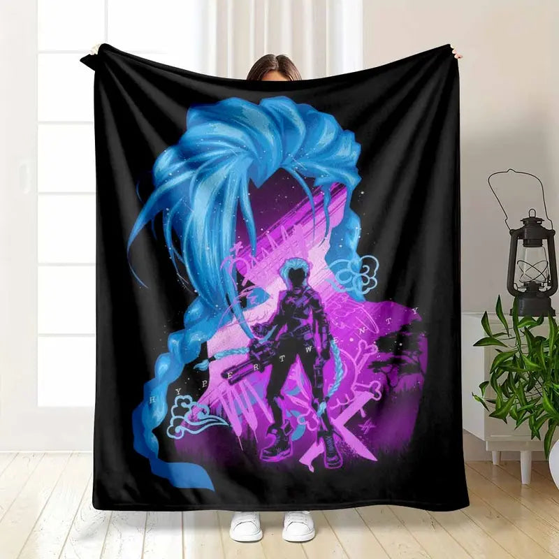 Neon Warrior Girl Cyberpunk Flannel Throw Blanket - Ultra-Soft Lightweight 30x40 to 60x80 Inches