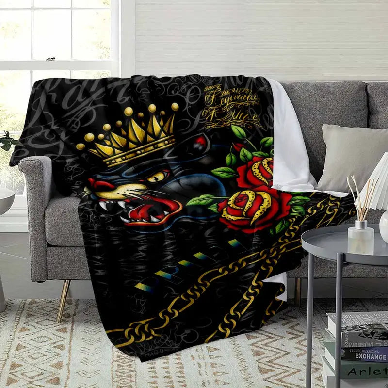 3dED HARDY Tattoo Black Panther Skull Blanket - Soft & Durable Living Room & Bedroom Throw - image 3