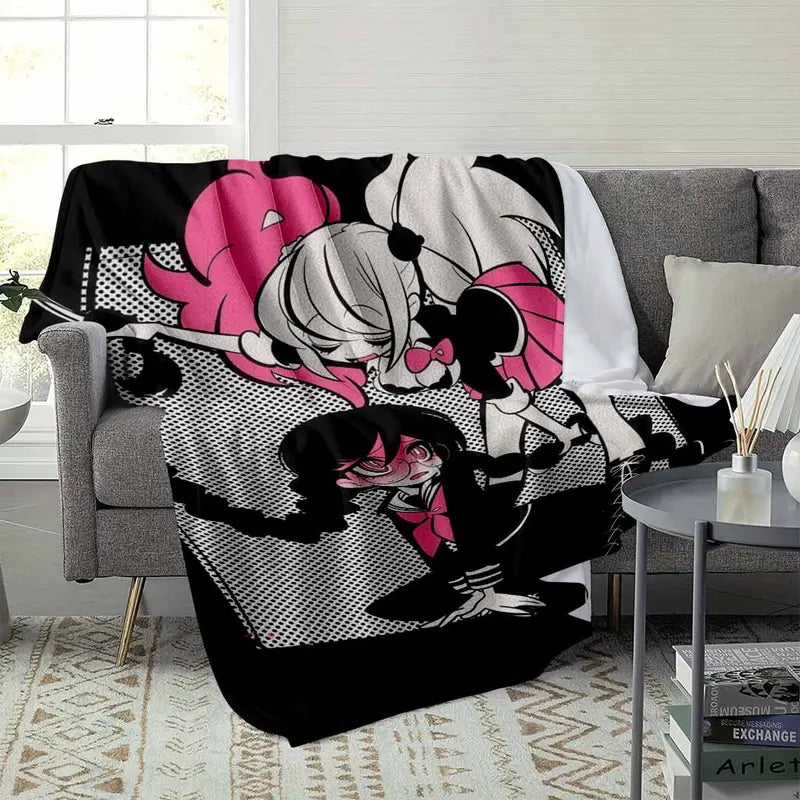 Anime Girl Duo Flannel Throw Blanket, Vibrant Pink/Black Grid - image 9