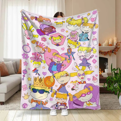 Cartoon Girl Flannel Blanket - Pink Hearts Floral, Soft