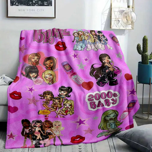 Y2K Fashion Doll Flannel Throw Blanket Pink Retro Print - image 2
