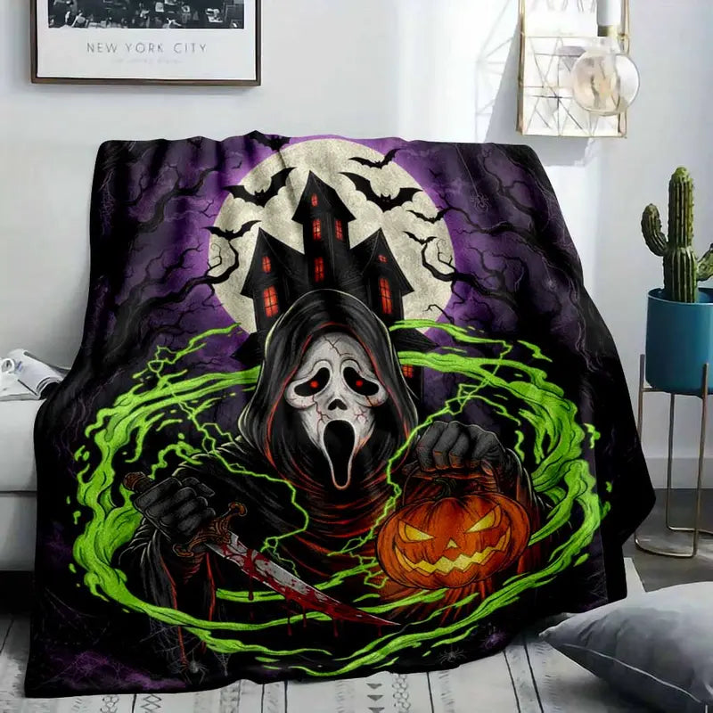Gothic Halloween Flannel Fabric Blanket Throw, Ghost & Pumpkin - image 2