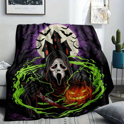 Gothic Halloween Flannel Fabric Blanket Throw, Ghost & Pumpkin - image 2