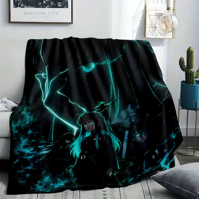 Neon Anime Warrior Flannel Fleece Blanket - Soft Cozy Cyberpunk Design, Unisex Bedroom & Living Room Throw - image 2