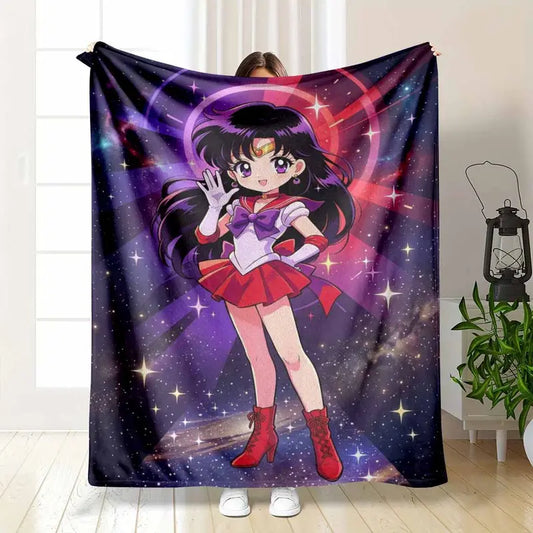 Magical Warrior Girl Flannel Blanket Galaxy Anime Print Soft Cozy Lightweight Warmth Breathable Durable Texture Perfect For Bedroom Living Room Camping Travel Couch Sofa Gift