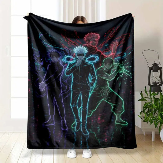 Anime Characters Flannel Blanket Neon City Lights Aesthetic Throw - Soft, Lightweight & Warm Bedding Cover