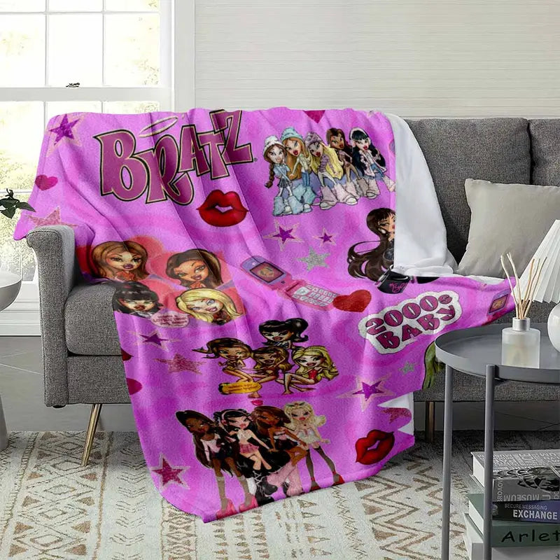 Y2K Fashion Doll Flannel Throw Blanket Pink Retro Print - image 3