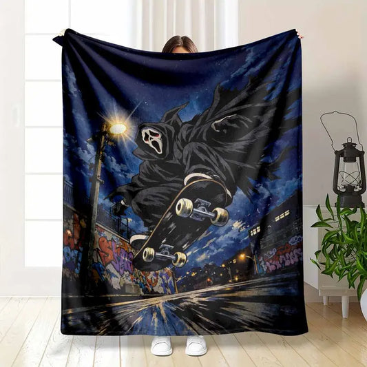 Ghostface Scream Grim Reaper Flannel Fleece Blanket, Horror Art Throw, Soft & Breathable 30x40–60x80