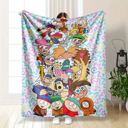 Retro Cartoon Flannel Throw Blanket, Colorful Doodle Print